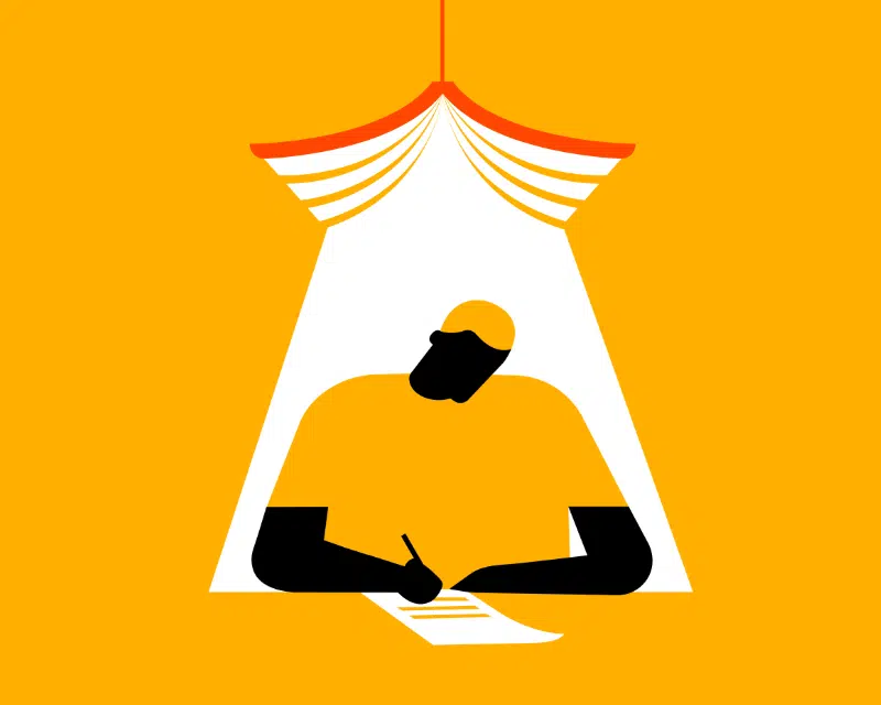 Illustration of writer writing under a light with a book shaped lampshade by Jennifer Tapias Derch.