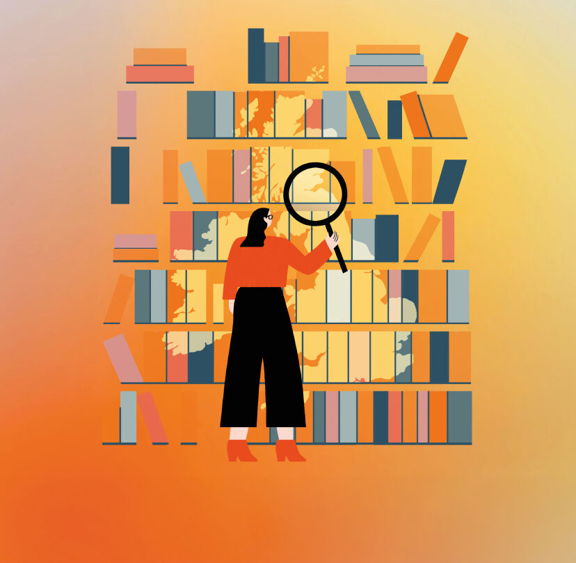 Illustration of a woman looking through a magnifying glass at a bookshelf.