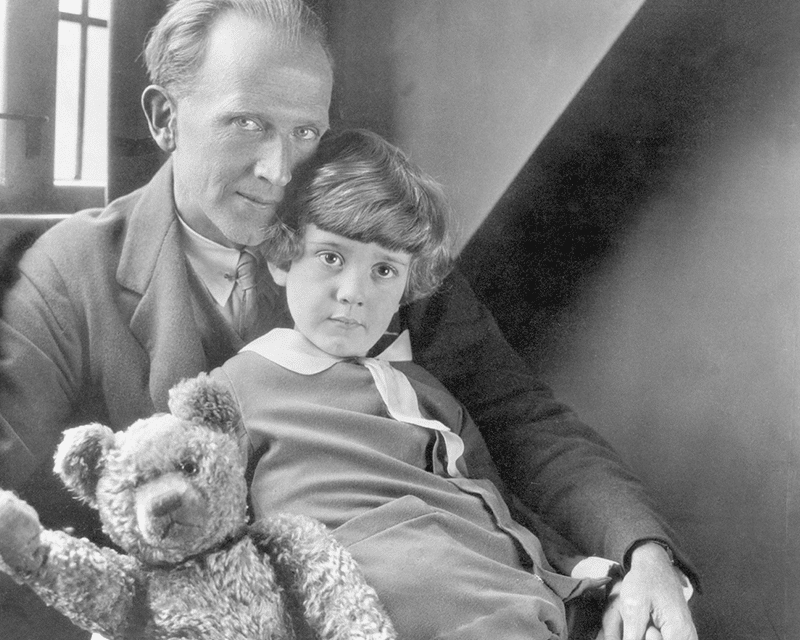 Archive photograph of the writer A.A. Milne with his son Christopher Robin and his teddy bear Winnie-the-Pooh.