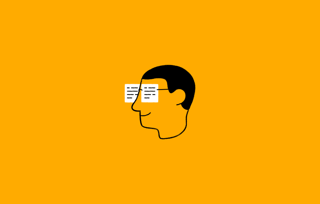 Illustration by Fran Pulido of a person wearing glasses with lenses that look like written pieces of paper.