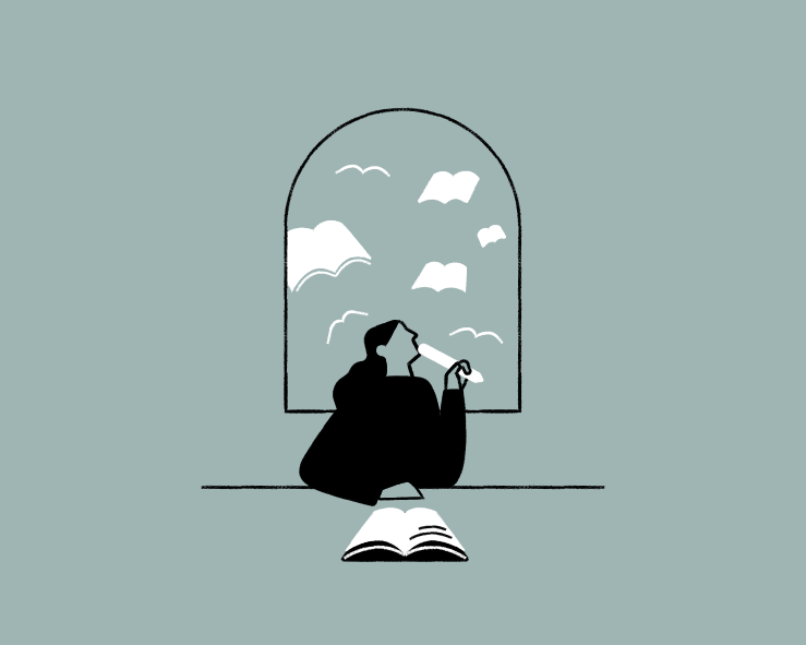 Illustration by Fran Pulido of woman by window thinking what to write with book birds flying past window.