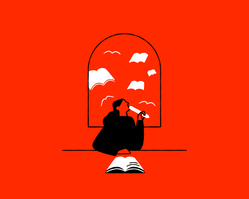 Illustration by Fran Pulido of woman by window thinking what to write with book birds flying past window.