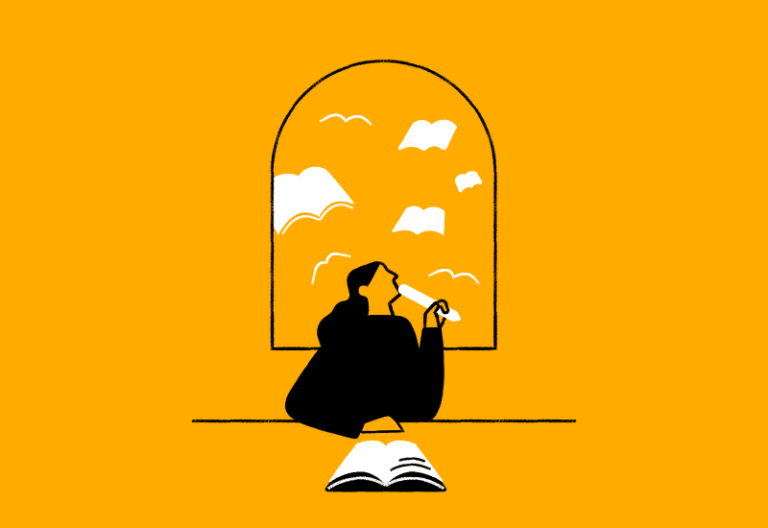 Illustration by Fran Pulido of woman by window thinking what to write with book birds flying past window.