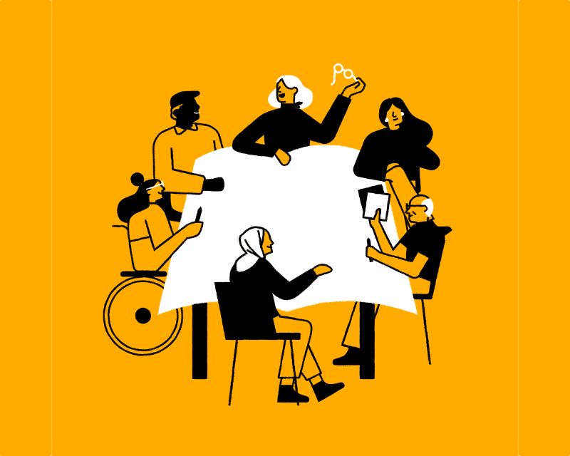 Illustrated group of people sat around a table discussing a piece of writing by Fran Pulido