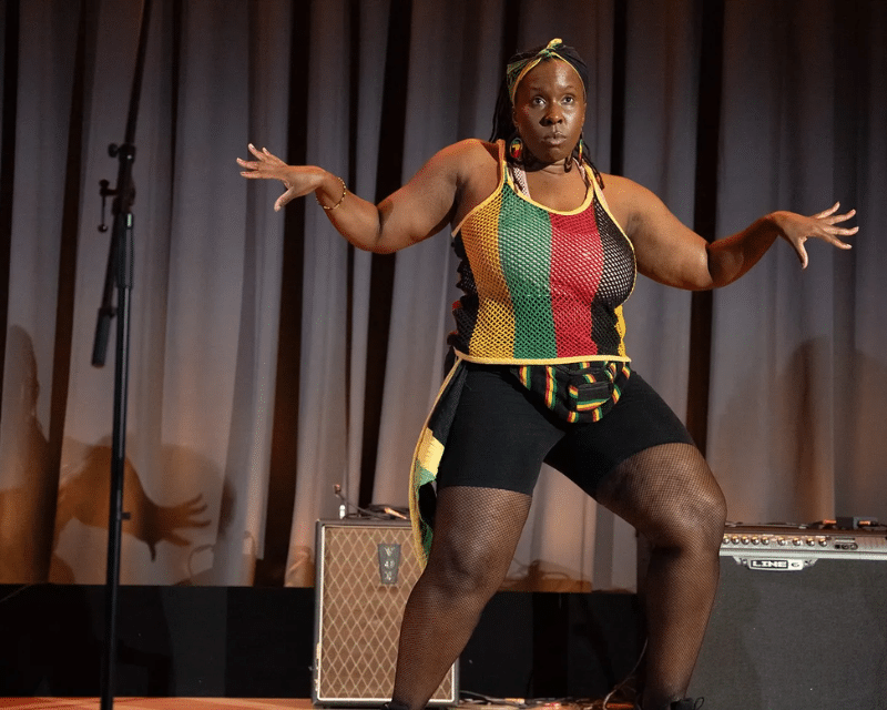 Dancehall dancer Shelaine Prince onstage at WritersMosaic's Blood & Fire: Passion and Lyricism event at the British Library, September 2023.