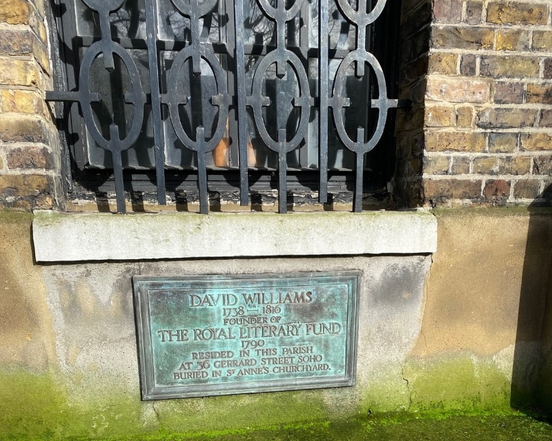 The London Memorial of Reverend David Williams, founder of the Royal Literary Fund in Soho.