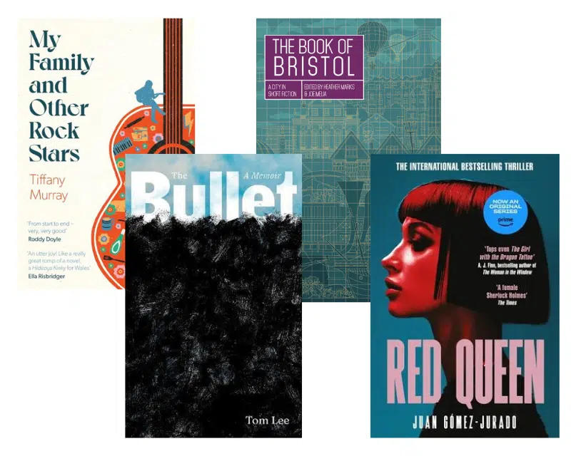 A collection of book covers showing the books My Family and other Rock Stars, The Bullet, The Book of Bristol and Red Queen.