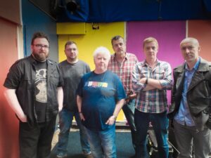 A band photo of the Fun Lovin' Crime Writers, including Mark Billingham, Val McDermid, Chris Brookmyre, Luca Veste, Doug Johnstone and Stuart Neville. Photo by Alan Veste.jpg