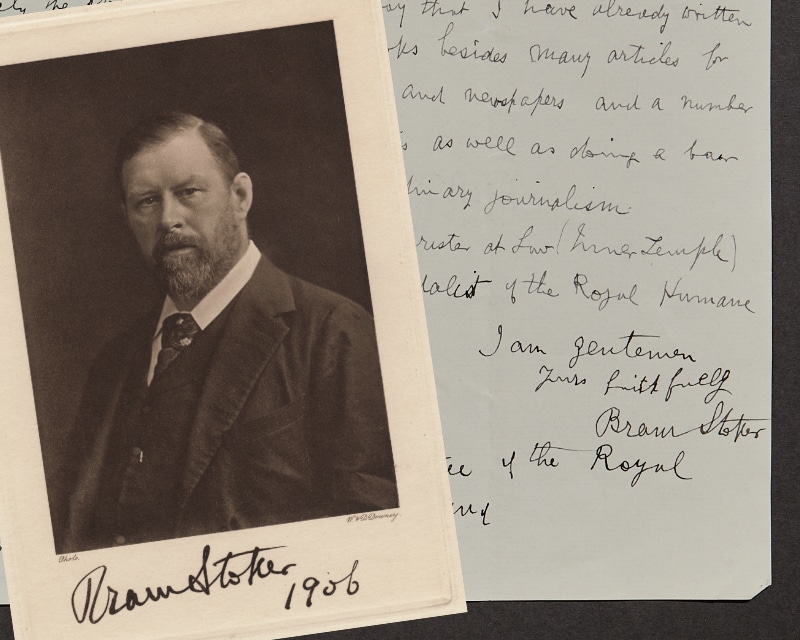 Bram Stoker by W. & D. Downey, 1906 portrait and archive letter permissions courtesy of © Noel Dobbs, courtesy of the Bram Stoker Estate Collection