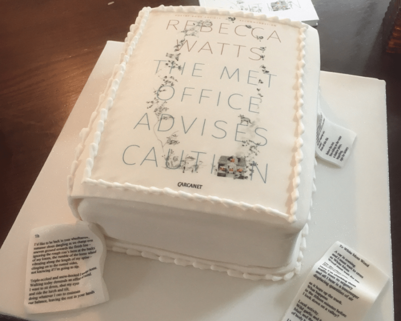 Rebecca Watts cake celebrating her book The Met Office Advises Caution