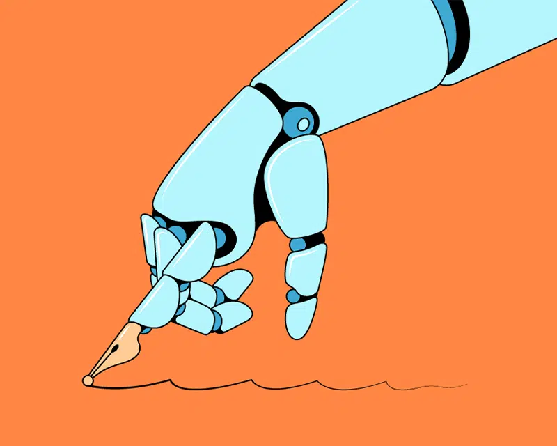 10 Ways AI Can Help Writers. Robotic hand with pen nib as a finger draws a line. Illustration by Till Lauer