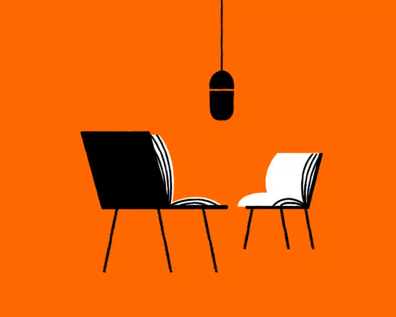 Collected illustration of two open books that look like chairs around a microphone hanging from the ceiling by Fran Pulido