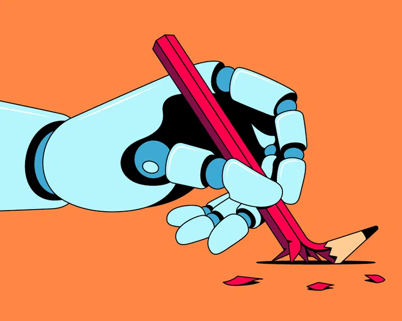 How AI Impacted My Copywriting Job. Robotic hand snaps a pencil. Illustration by Till Lauer.