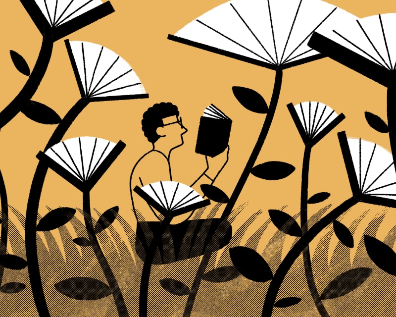Spring Trends. Man reads a book surrounded by dandelion books. Illustration by Fran Pulido