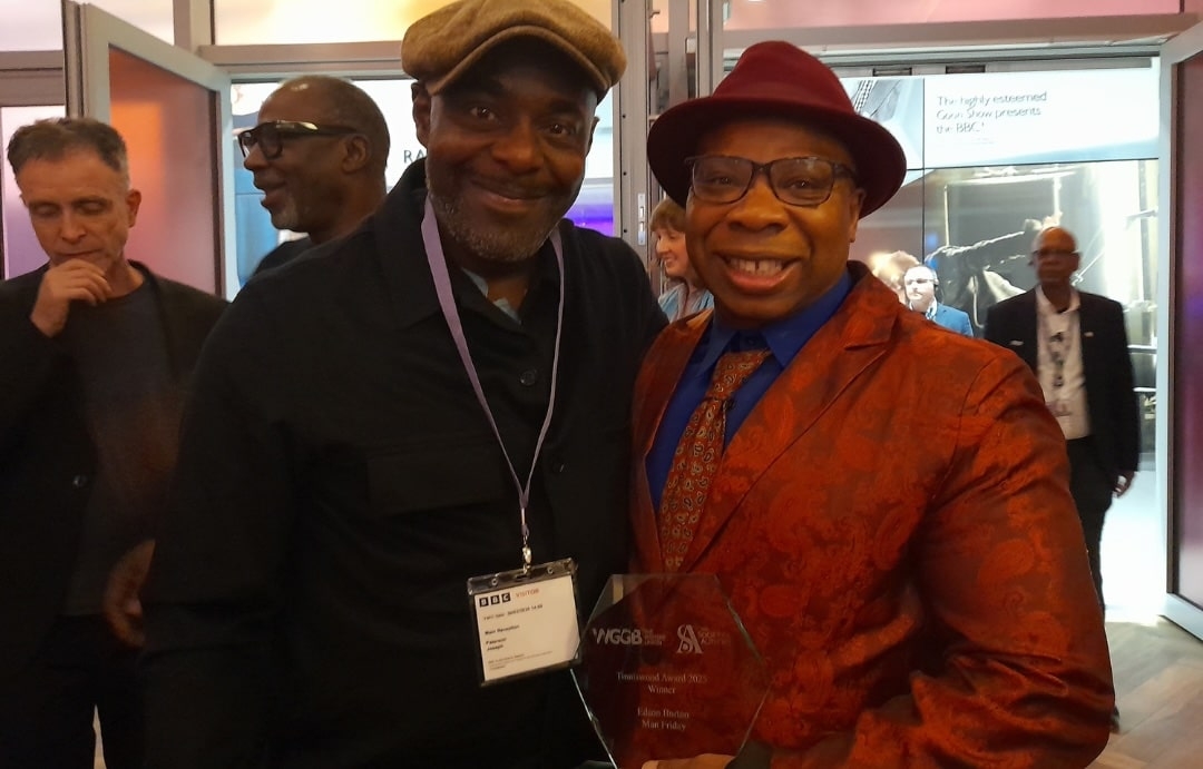 Tinniswood winner Edson Burton congratulated by Patterson Joseph who presented Award. PIC CREDIT Nicola Baldwin