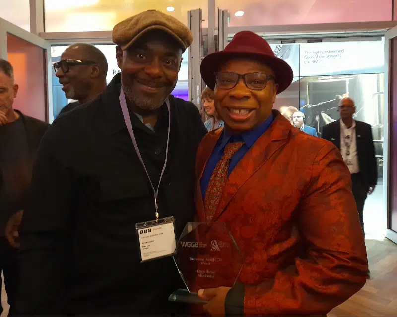 Tinniswood winner Edson Burton congratulated by Patterson Joseph who presented Award. PIC CREDIT Nicola Baldwin