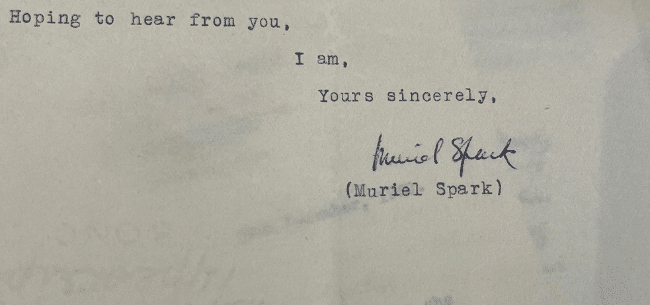 Muriel Spark's signature, shown on one of her letters to the RLF.