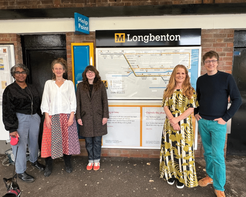 Degna Stone, Christy Ducker, Jo Clement, Anna Woodford, Harry Man at Longbenton Metro station for Poetry on the Platforms