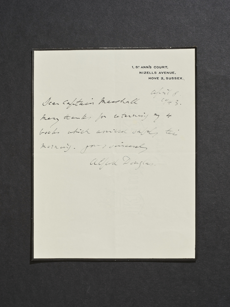 A 1943 letter to the RLF from Lord Alfred Douglas. © All rights and credit go to the owner. No copyright infringement intended.