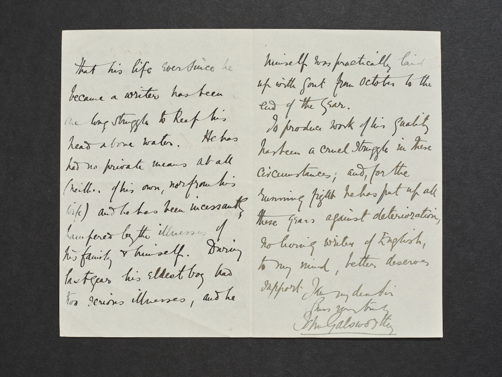 The second page of John Galsworthy’s letter to the RLF in support of Joseph Conrad, dated 1908. © All rights and credits are attributed to the owner. No copyright infringement is intended.