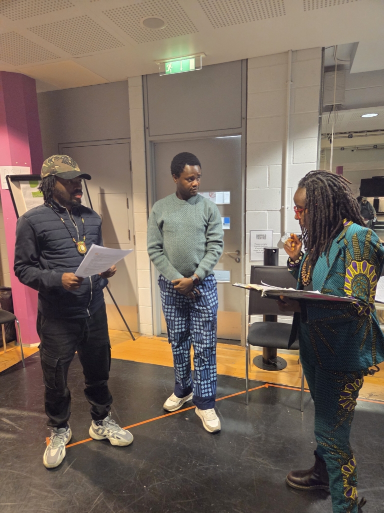 Director Mojisola Kareem (right) works with actors Adeniyi Olusola Morolahun and Omobolanle Akanbi during Crown of Blood rehearsals.