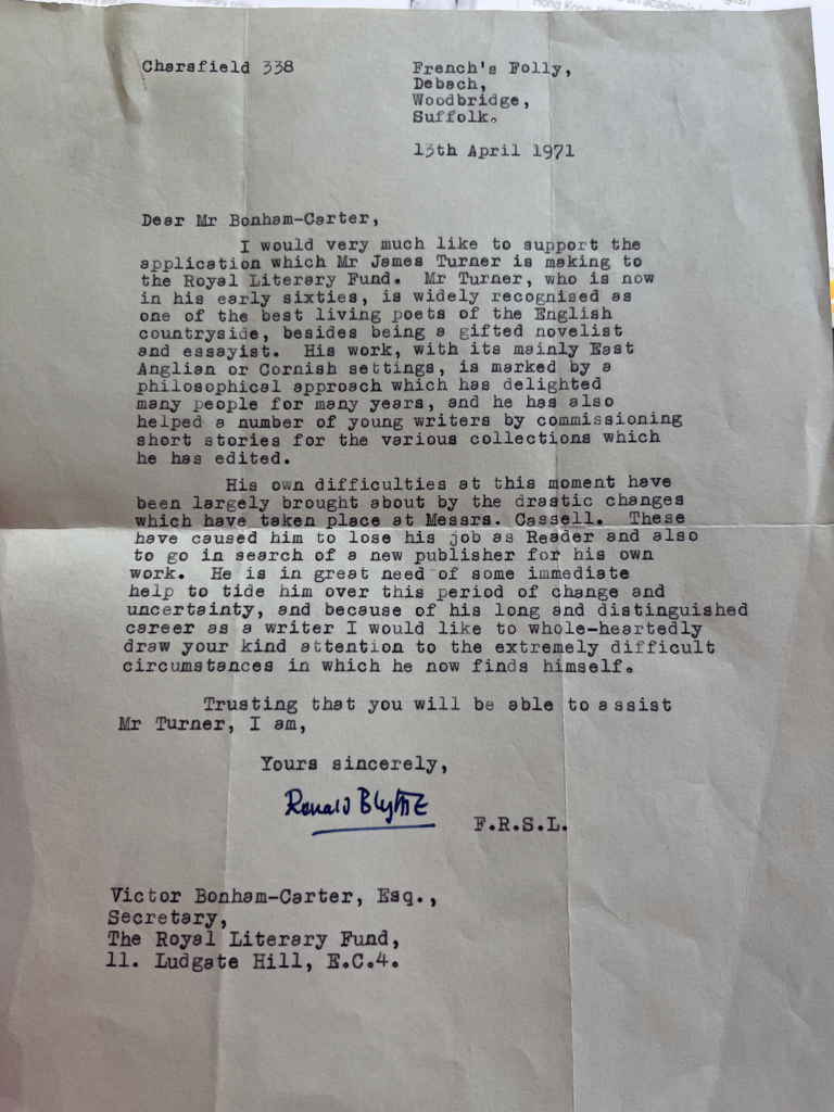 A letter written by RLF benefactor Ronald Blythe in support of James Turner’s 1971 RLF grant application.