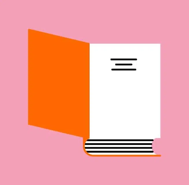 A minimalist vector illustration of an open book with an orange cover and white pages. The book is shown from a side-angled perspective against a solid pink background, with simple black lines representing text on the page.