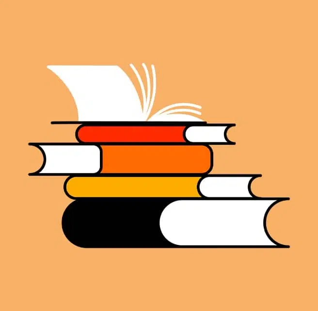 A stylized stack of four books in red, orange, yellow, and black against a tan background. On top of the stack, an open book with white pages appears to be fluttering as if caught in a breeze.