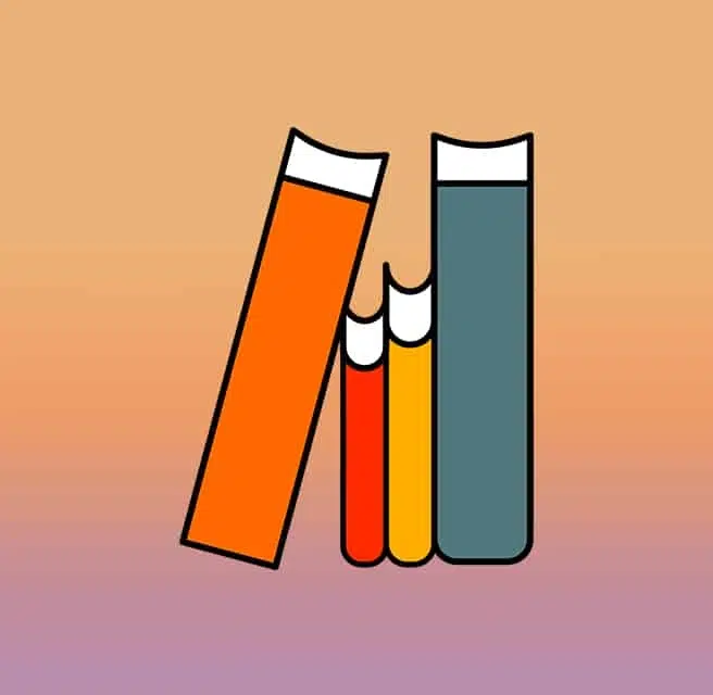 A flat-style illustration of four colorful books standing upright against a soft orange-to-purple gradient background. The books vary in height and color (orange, red, yellow, and teal), with the leftmost orange book leaning slightly against the others.