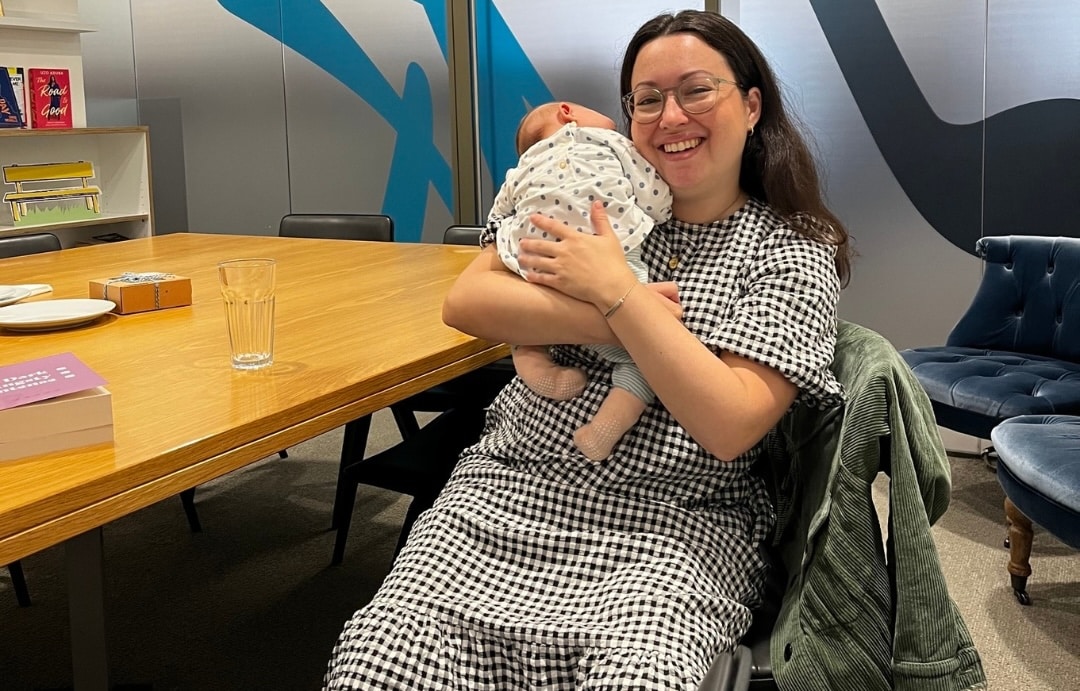 Abigail Avis' agent Hayley Steed with her baby after a publishing meeting