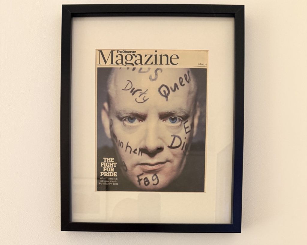 The Observer cover story from 5 June 2016 included a confronting image of Matthew with homophobic slurs written on his face. This framed copy of the cover hangs on Matthew’s mother’s living room wall. Photography © Chris Floyd/The Observer.