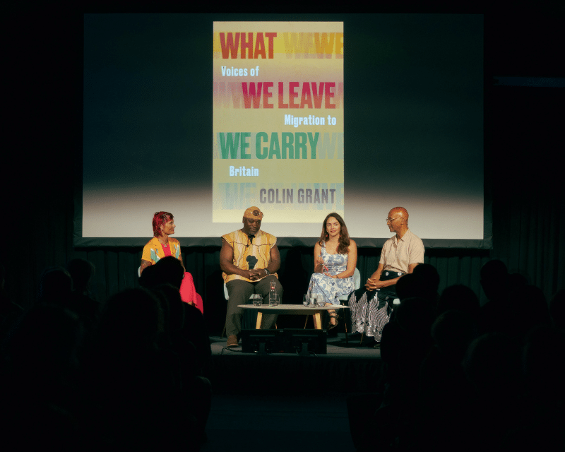 What We Leave We Carry panellists Suzanne Harrington, Eric Ngalle Charles, Amanda Vilanova and Colin Grant at Hay Festival 2026. © Finn Beales
