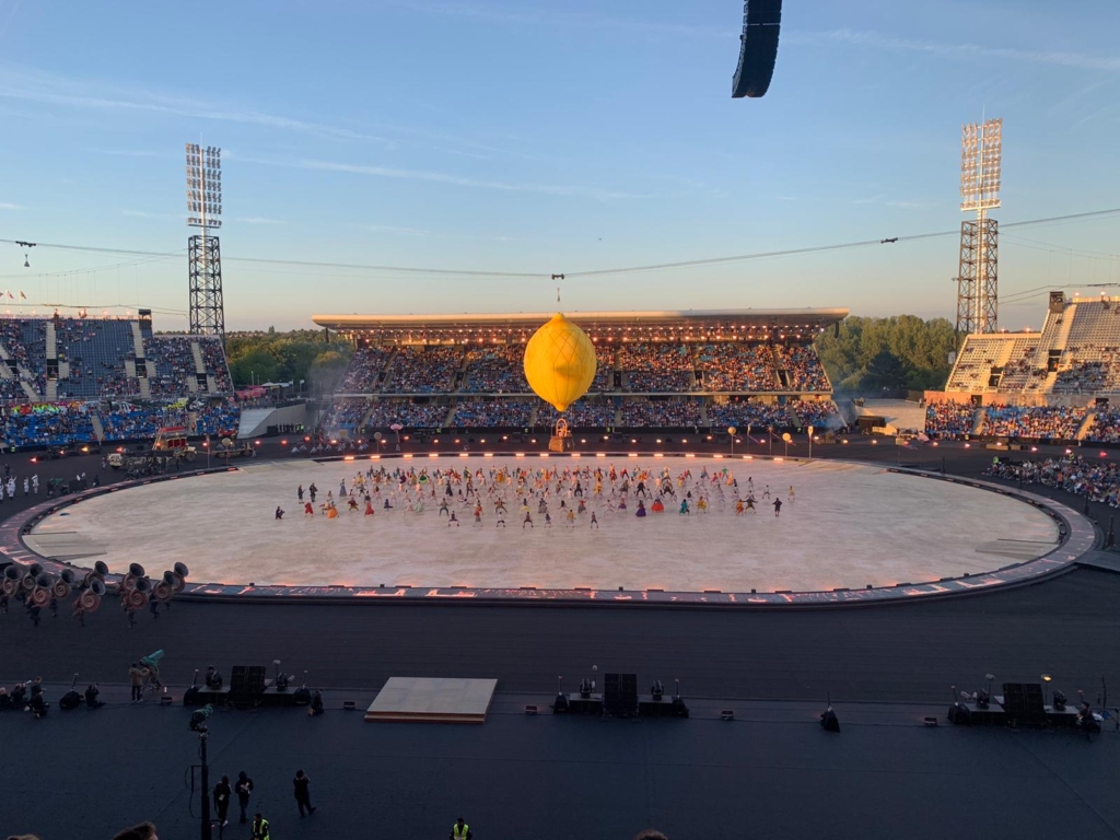 Rehearsing the hot air balloon sequence at the Alexander Stadium.