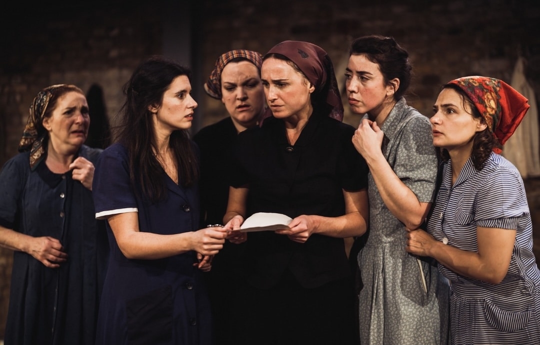 Helen Goldwyn, Ariella Barnett, Anja Fahlenkamp, Mai Weisz, Anna Eckhard and Pat Dynowska in The Banality of Evil: Hannah Arendt, France 1940, at The Arcola Theatre, October 2026.