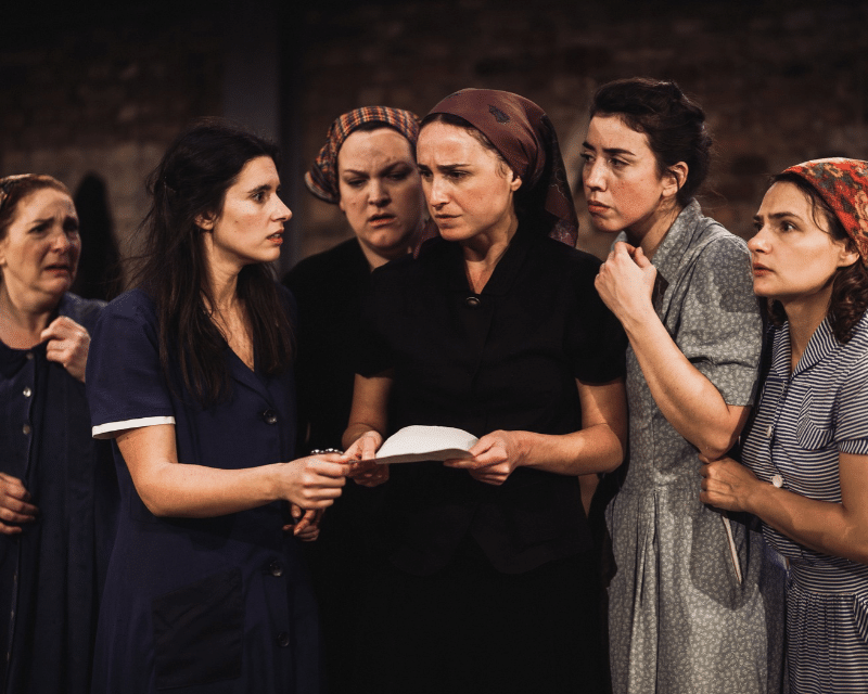 Helen Goldwyn, Ariella Barnett, Anja Fahlenkamp, Mai Weisz, Anna Eckhard and Pat Dynowska in The Banality of Evil: Hannah Arendt, France 1940, at the Arcola theatre October 2026