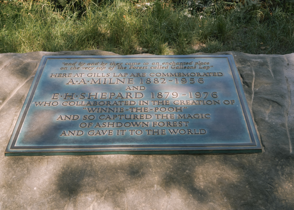 The plaque commemorating AA Milne and EH Shepard at The Enchanted Place in Ashdown Forest