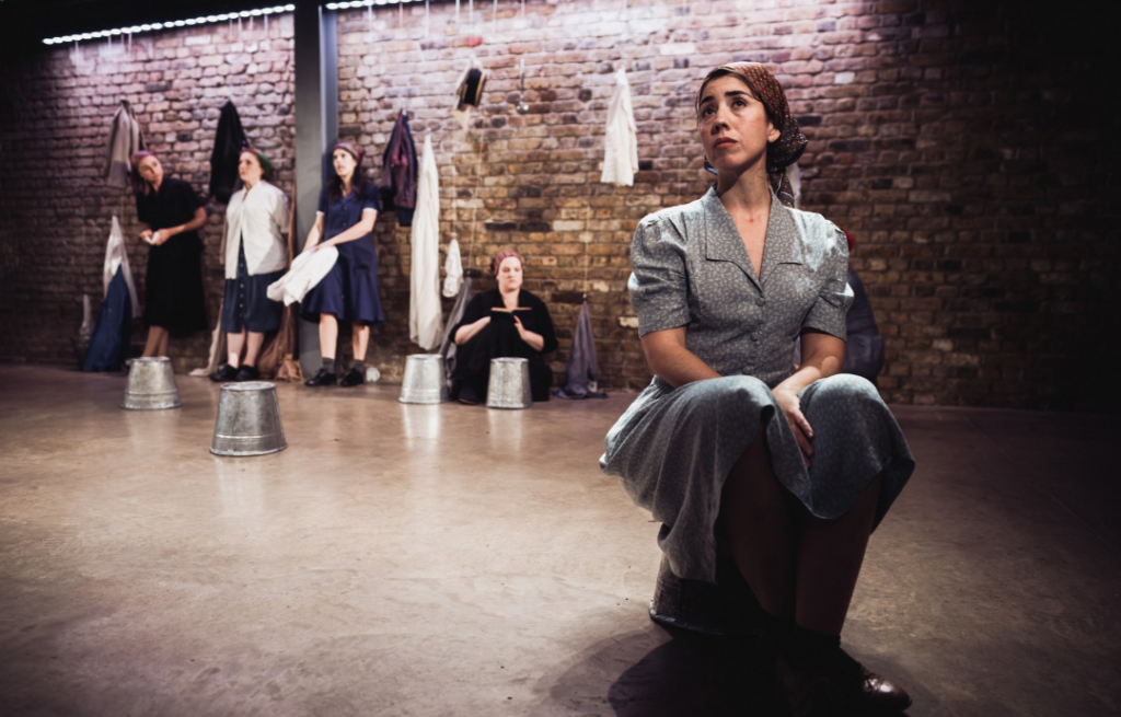 Mai Weisz, Helen Goldwyn, Ariella Barnett, Anja Fahlenkamp and Anna Eckhard (foreground) as Charlotte Salomon in The Banality of Evil: Hannah Arendt, France 1940, October 2026. © Alex Brenner.