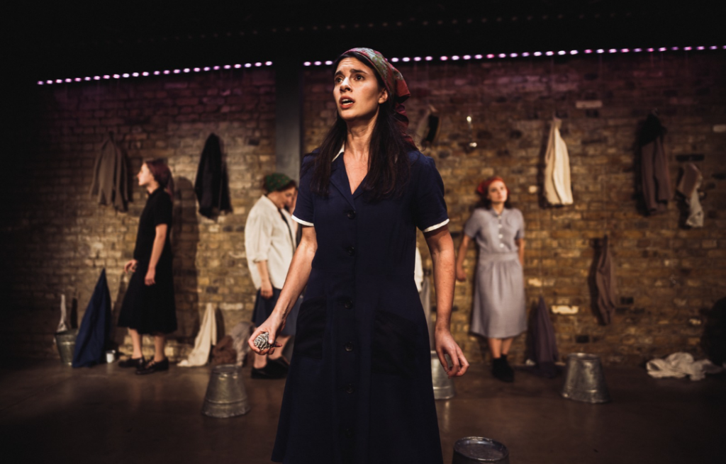 Ariella Barnett (foregrounded) as Eva, with Mai Weisz, Helen Goldwyn and Pat Dynowska in The Banality of Evil: Hannah Arendt, France 1940, October 2026. © Alex Brenner.